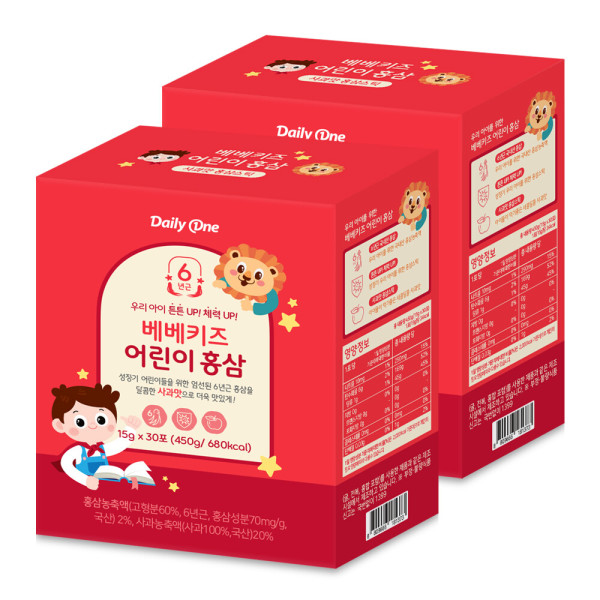 데일리원 데일리원 베베키즈 어린이 <b>홍삼</b> 유아 아동 젤리 15g X 30포 2통