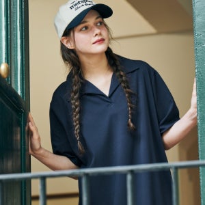 [메타퍼] MET 내추럴 카라 반팔 롱원피스 네이비 W-24-OP005-NV