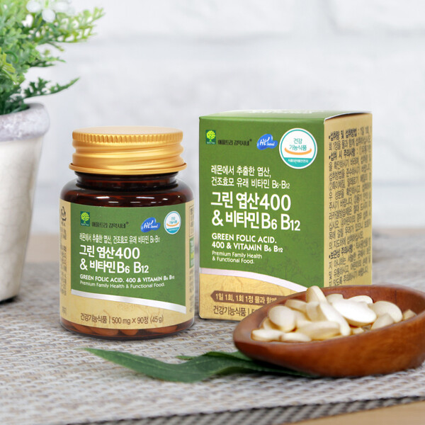 <b>엽산</b> 영양제 <b>엽산</b>400 비타민B6 비타민B12 그린 레몬 건조효모 과일 채소 분말 가루 정제 90정 3개월분