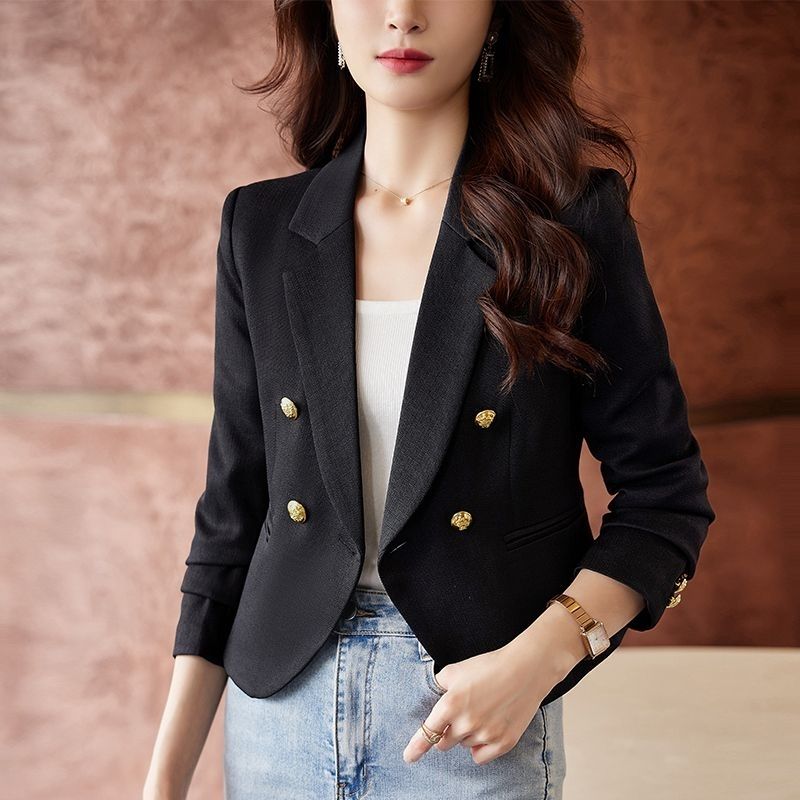 해피유통 여성 봄 가을 캐주얼 정장 자켓 세련된 더블 브레스트 슬림 핏 블레이저 LWJ XL 블랙 XL