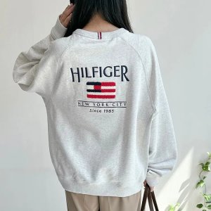 타미힐피거 여성 보이즈 릴렉스핏 뽀글이 성조기 백포인트 프렌치테리 그레이헤더 맨투맨 9571