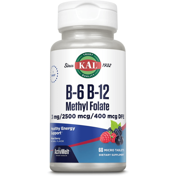 KAL 비타민 B-6 B-12 활성 <b>엽산</b> Activity Melt 에너지<b>부스트</b> 베리맛 활성 코엔자임 형태 60정 설하정