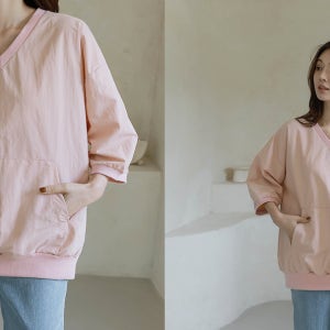 드리 와샤 캥거루포켓 브이넥 7부 맨투맨