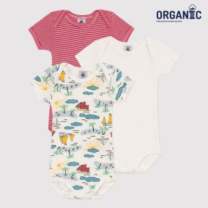[쁘띠바또]  쁘띠바또 베이비 오가닉 보트 패턴 숏슬리브 바디수트 우주복 3 PACK (NTM41NB38F_LU)