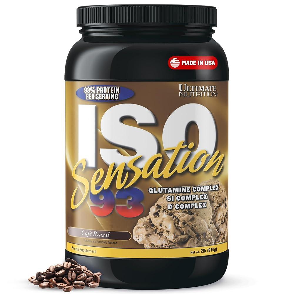 <b>Ultimate Nutrition</b> 글루타민 복합체가 함유된 분리 유청 단백질 파우더 ISO 센세이션 93 - 회복 면역 및 장 건강 향상을 위해 초유가 추가된 파우더 카페  Ult