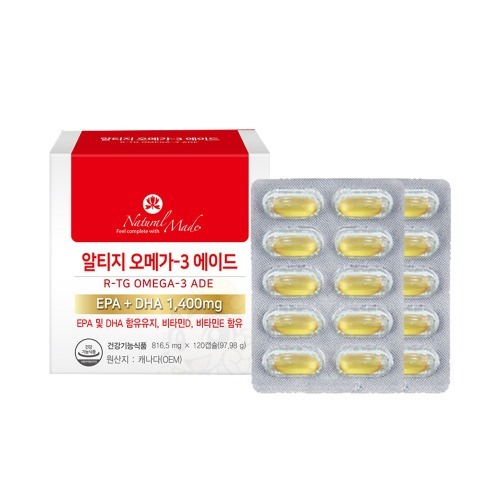 네츄럴<b>메이드</b> 알티지 오메가3 에이드 120캡슐 / 고흡수 rTG형 혈행·혈중 <b>중성지방</b> 개선 오메가3