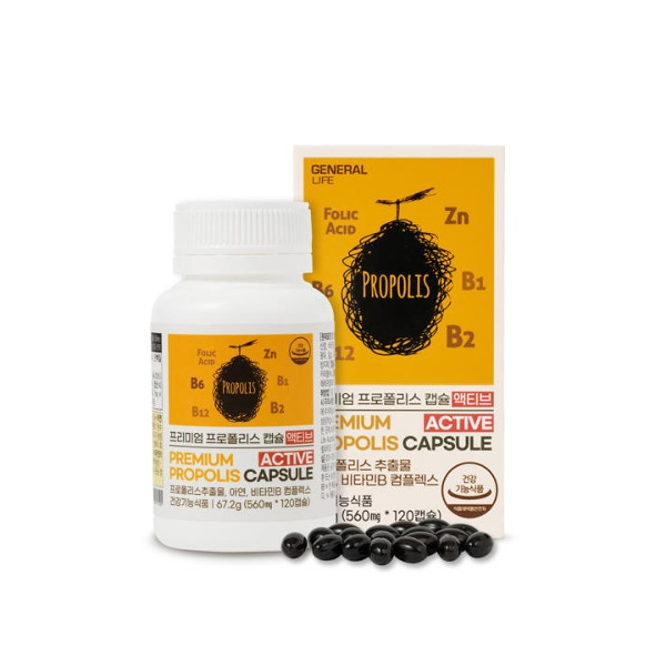 <b>제너럴라이프</b> 프리미엄 프로폴리스 캡슐 500mg x 120캡슐 비타민B <b>엽산</b> 아연
