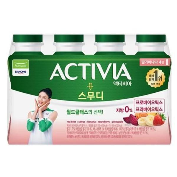 <b>풀무원다논</b> 액티비아 스무디 딸기바나나 (150mlx4병) 150ml 어린이간식 요거트 식사대용 자취 캠핑 혼밥 <b>간</b>