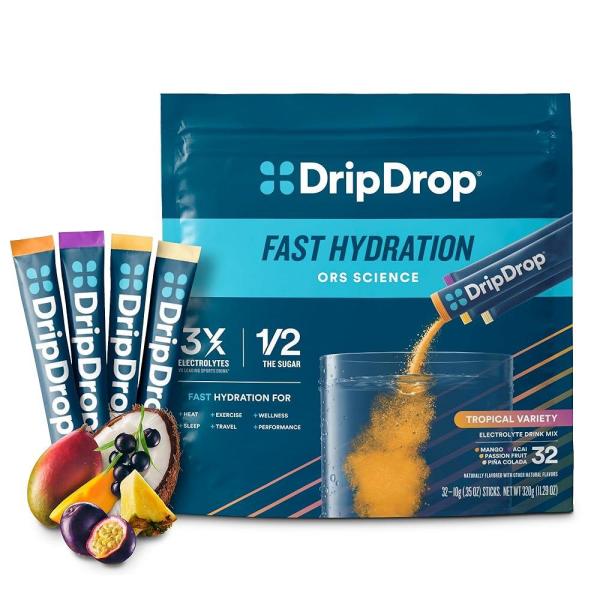 DripDrop 하이드레이션 - 트로피컬 버라이어티 팩 전해질 음료 믹스 1인용 <b>파우더</b> 패킷 망고 <b>아사이</b> 패션