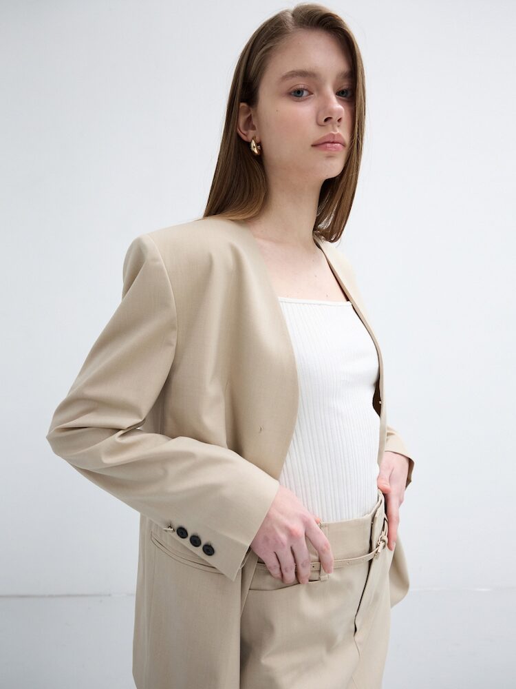 [르하스] COLLARLESS V-NECK JACKET_BEIGE 베이지 5007883456