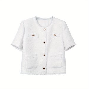 우아한 봄/여름 클래식 박스 스타일 반팔 재킷, 털 디테일 - 슬림핏, 단추, 라운드 넥, 화이트, 캐주얼 주말용, 캐주얼 아우터웨어 | 클래식 반팔 재킷 | 스판덱스 원단