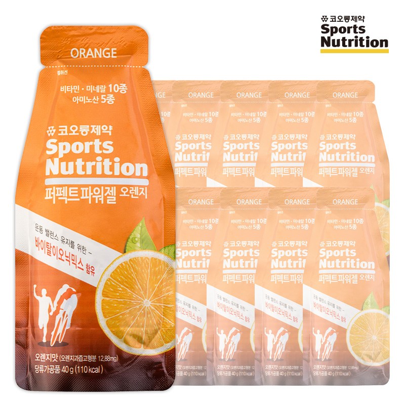 코오롱 <b>스포츠 뉴트리션 퍼펙트 파워젤</b>(<b>스포츠</b> 에너지젤) <b>오렌지맛</b> 12팩 (마라톤 자전거 수영 철인3종 운동 보충제)  40g  12개