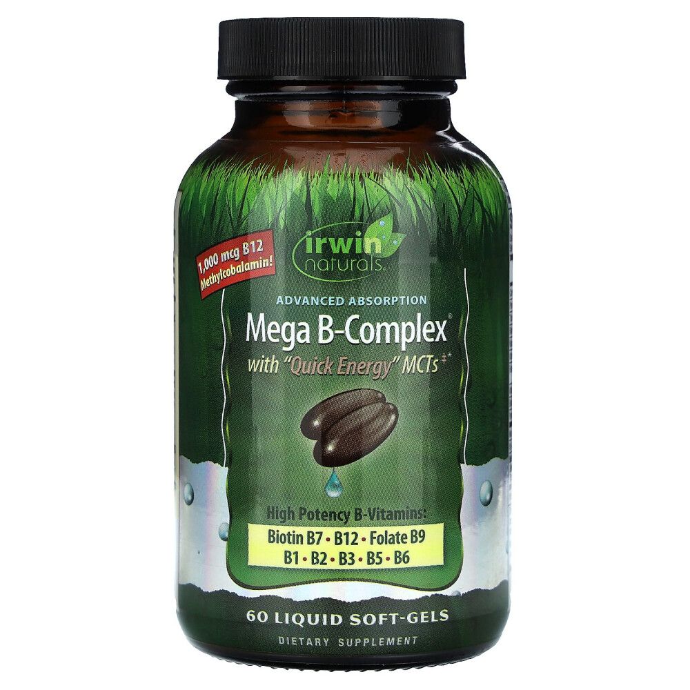 <b>어윈네츄럴</b> (아이허브) 빠른 에너지 MCT 함유 Mega B Complex 액상 소프트젤 60정 해외직구