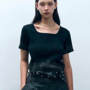 [몽돌] 빈티지 워싱 코튼 반팔 니트 블랙 MDKT099BLACK