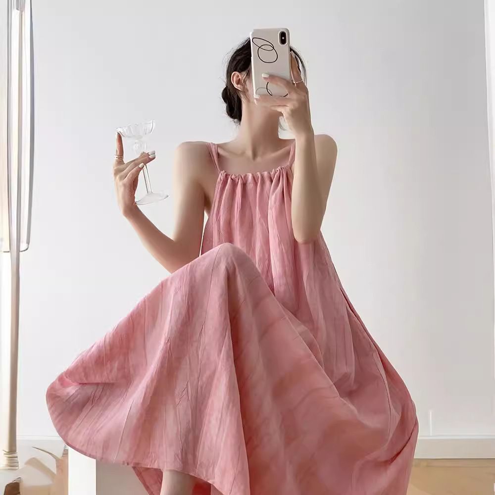 핑크 민소매 롱 원피스 링클 나시 루즈핏 원마일웨어 마실룩 홈캉스룩