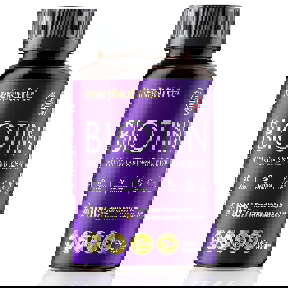 가수분해 콜라겐 및 케라틴이 함유된 인터<b>뉴트</b>리타 바이오틴 모발 성장을 위한 5000mcg 바이오틴 스킨 &amp; 네일 <b>에너지</b> 생산 USA 제품 - 비타민 A C D3 E B1  1개