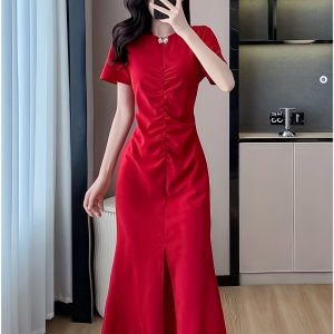 2025 여름 신상품 - 우아한 레드 미디 드레스, 주름 있는 허리, 크루 넥, 소매 없는, 단색, 폴리에스터, 캐주얼 스타일, 성인에게 완벽한 여름 드레스 | 주름 있는 허리