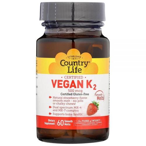 <b>Country Life</b> 된 비건 <b>K2</b> 500 mcg 추어블 60개 딸기 맛 듀얼 스펙트럼 MK4 MK7 복합