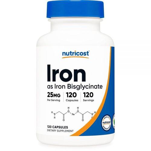 <b>Nutricost 철</b> 비글리시네이트 보충제 25mg 120 캡슐 - 킬레이트 GMO 프리 및 글루텐 211644