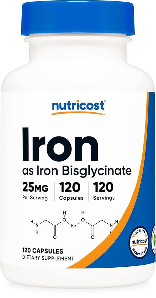 <b>Nutricost 철</b> 비글리시네이트 보충제 (25mg) 120 캡슐 - 킬레이트 GMO 프리 및 글루텐  120 Count (Pack of 1)  1개  120정