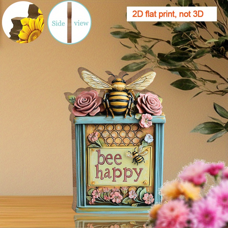 [2D 플랫] 1pc <b>Bee</b> Happy 2D 플랫 프린트 나무 장식품, 손그림 베이 &amp; 꽃 디자인 - <b>스트레스</b>를 감소시켜, 작업 공간의 분위기를 향상시켜, 일상적인 업무에 적합,