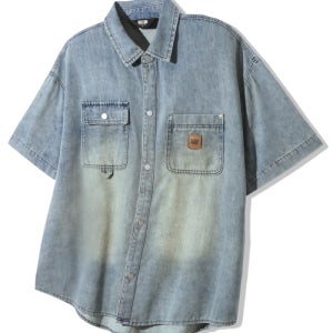 [트릴리온] 레더 패치 오버핏 워크 데님 반팔 셔츠 [블리치 블루] TRSSH33BL