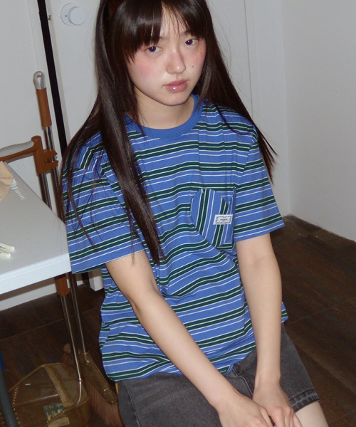 [론론] MULTI STRIPE HEART POCKET BASIC FIT T SHIRT BLUE RR25BST4135BL