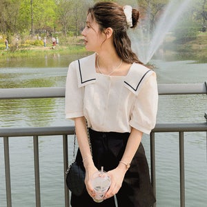 헤일링 세라 블라우스,세일러 카라 스퀘어넥 퍼프 반팔 블라우스 여성 빅사이즈
