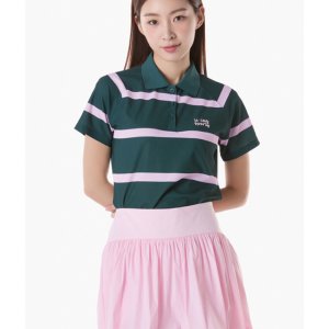 [르꼬끄 골프] 여성 요꼬에리 스트라이프 반팔 티셔츠 (GQ222LTS42) GQ222LTS42_DGRN