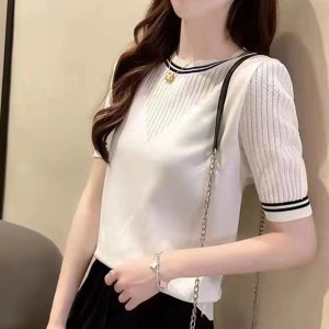 여성 라운드 넥 작은 신선한 컷 아웃 반팔 니트 스웨터