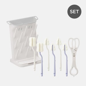 모윰 젖병 세척 풀세트(스탠딩 젖병 건조대+롱커브 세척솔 6P+소독집게)