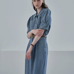 퍼프 소매 골드 버튼 데님 투피스 LM07TP101SL