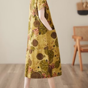 시크한 캐주얼 린넨 프린트 반팔 라운드 넥 드레스