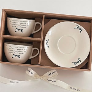 [선물포장] 리본 도자기 커피잔 찻잔 2인조 4p 세트, 빠마린