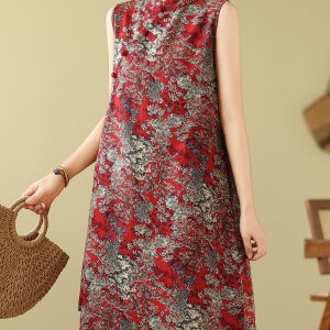 Women’s Vintage Chinese-Inspired Floral Print Qipao Dress - A-Line Midi Dress with Stand-Up Collar,
