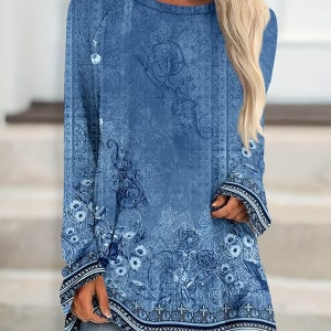 Women’s Vintage Floral Print Long Sleeve Casual Top - Blue & White Floral Pattern, Loose Fit Long