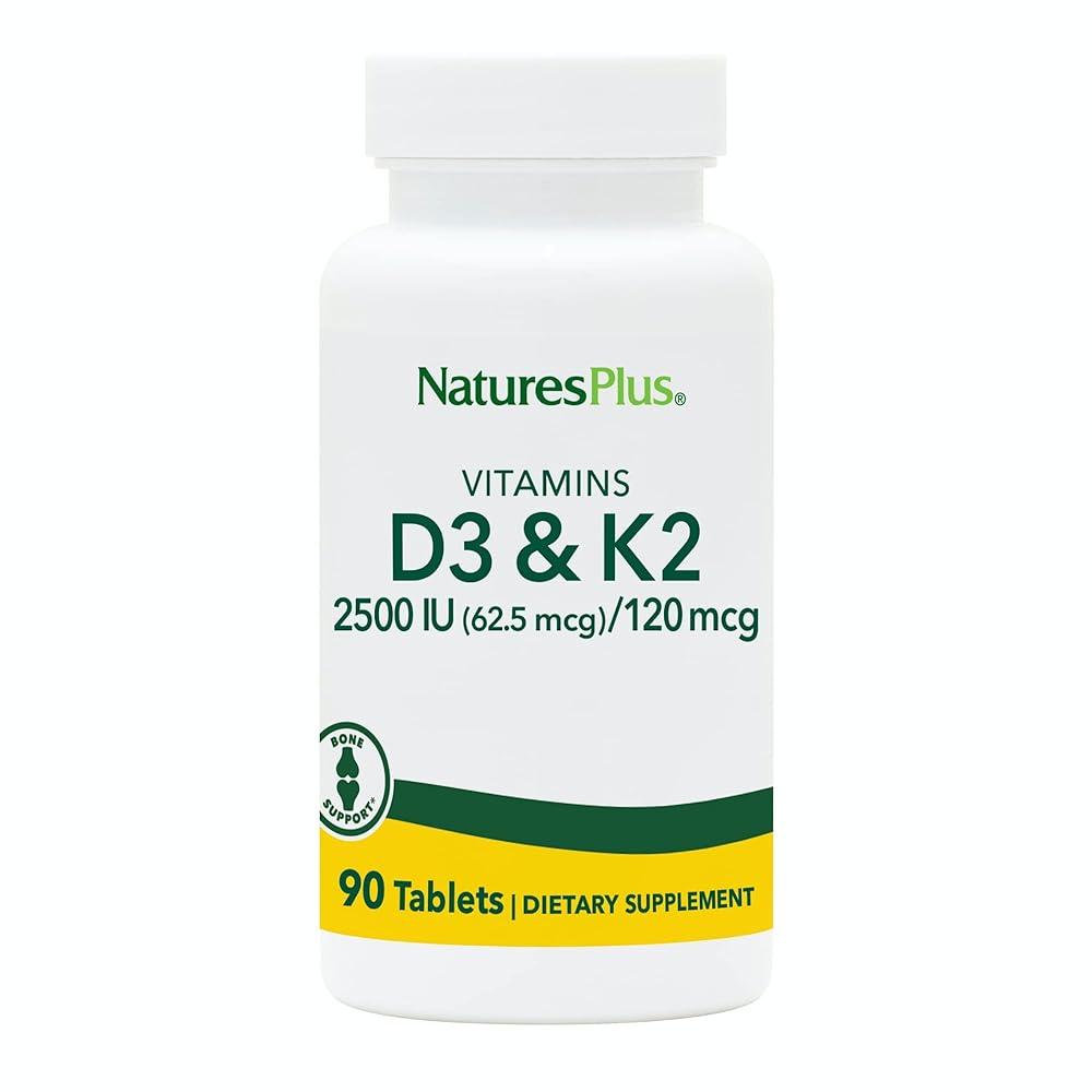 <b>Natures Plus</b> 비타민 D3 &amp; K2-90 태블릿 - 뼈 지원 면역 기능 <b>심혈관</b> 건강 및 기분 균형 촉진 채식주의자 글루텐 프리 90회 분량 138311  Natures P