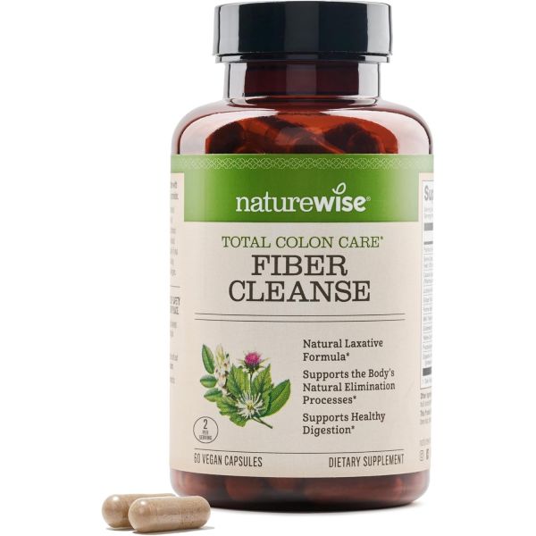 NatureWise <b>네이처와이즈</b> 토탈 콜론 케어 섬유 클렌즈 허브 완하제 프리바이오틱스 및 소화 효소 포함 건강한 배변 안전한 체중 <b>해독</b> 장 건강을 위한 제품 1개월 분 60정