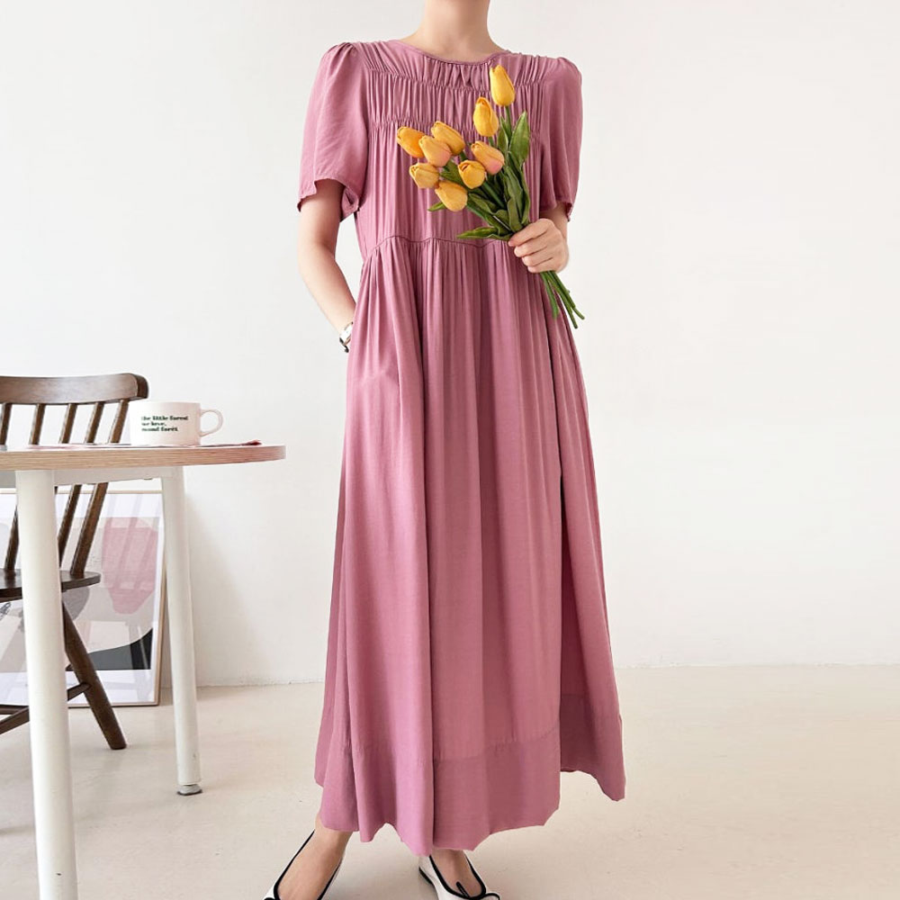 까르죠아 셔링 쉬폰 원피스 여성 시폰 롱 여름 반팔 휴양지 휴가철