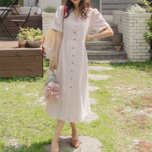 [리린][휴가룩][쾌적한소재][LABEL] 데니아 퍼프소매 스트라이프원피스 [size F,1]