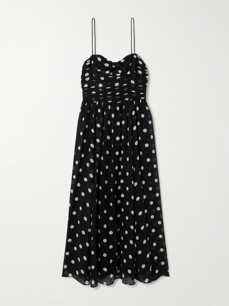 DÔEN Maryanna bow-detailed ruched polka-dot silk-georgette midi dress 1647597357417979