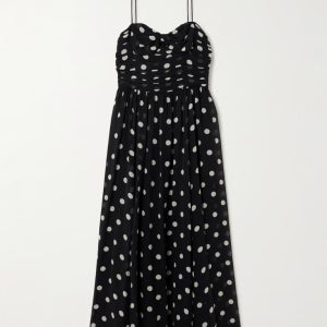 DÔEN Maryanna bow-detailed ruched polka-dot silk-georgette midi dress 1647597357417979