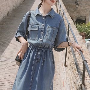 청원피스 여름용 트렌디한 허리 집게 미디 길이 데님 드레스