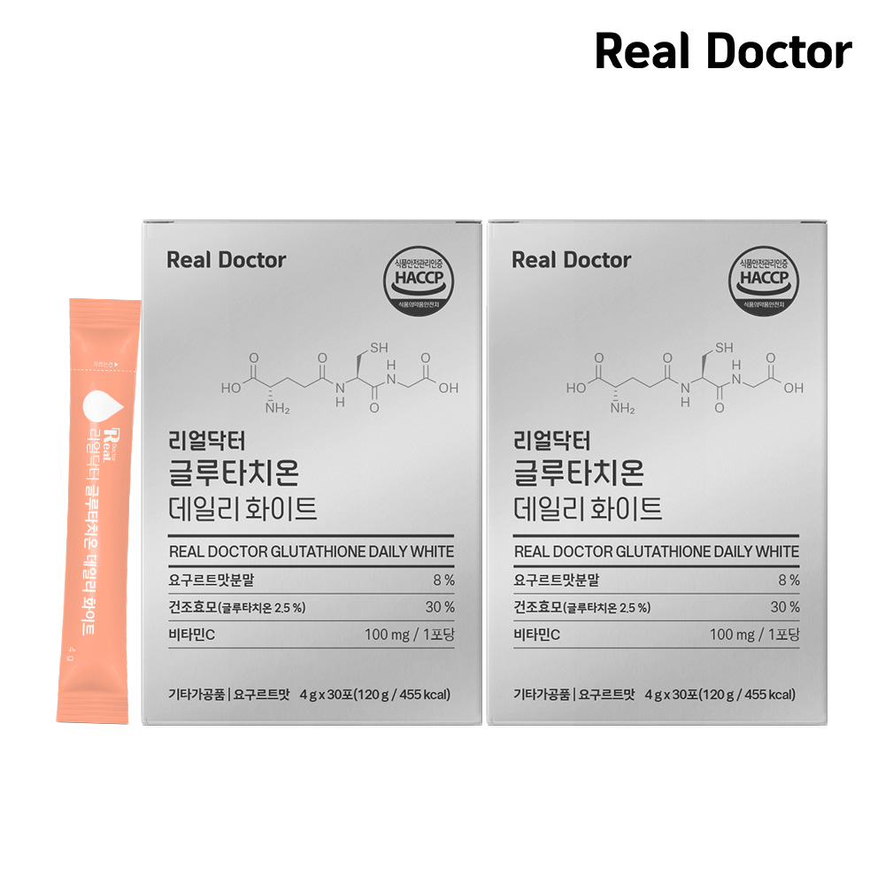 <b>리얼닥터</b> 글루타치온 데일리 화이트 4g*30포 (1개월분) / 1포당 1 200mg 맛있는 글루타치온 고함량 면역 피부<b>미백</b> 백옥피부 저분자콜라겐 히알루론산 엘라스틴 피부탄력  2개