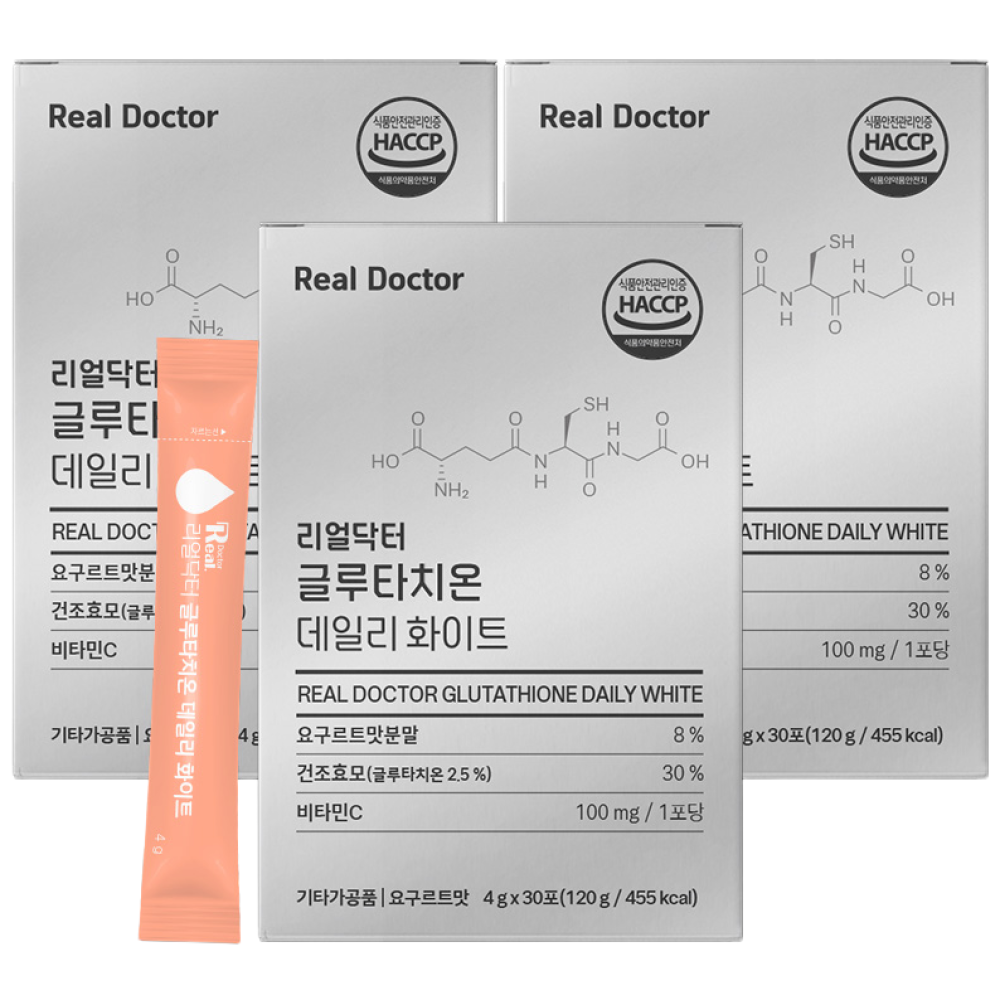 <b>리얼닥터</b> 글루타치온 데일리 화이트 4g*30포 (1개월분) / 1포당 1 200mg 맛있는 글루타치온 고함량 면역 피부<b>미백</b> 백옥피부 저분자콜라겐 히알루론산 엘라스틴 피부탄력  3개