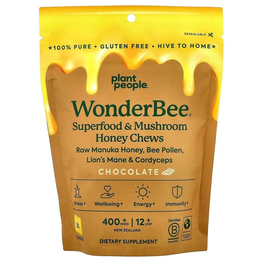 Plant People wonderBee 슈퍼 푸드 및 버섯 <b>허니</b> 츄 초콜릿맛 30개  30정  1개