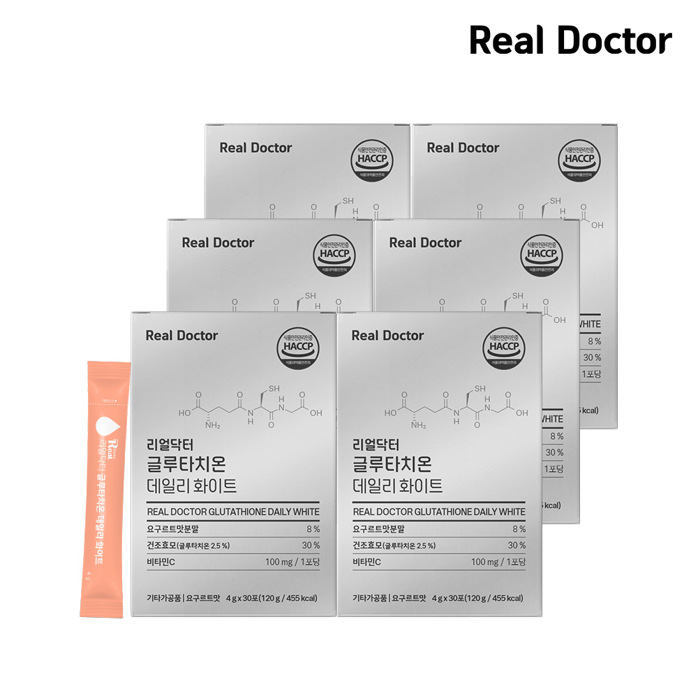 <b>리얼닥터</b> 글루타치온 데일리 화이트 4g*30포 (1개월분) / 1포당 1 200mg 맛있는 글루타치온 고함량 면역 피부<b>미백</b> 백옥피부 저분자콜라겐 히알루론산 엘라스틴 피부탄력  6개