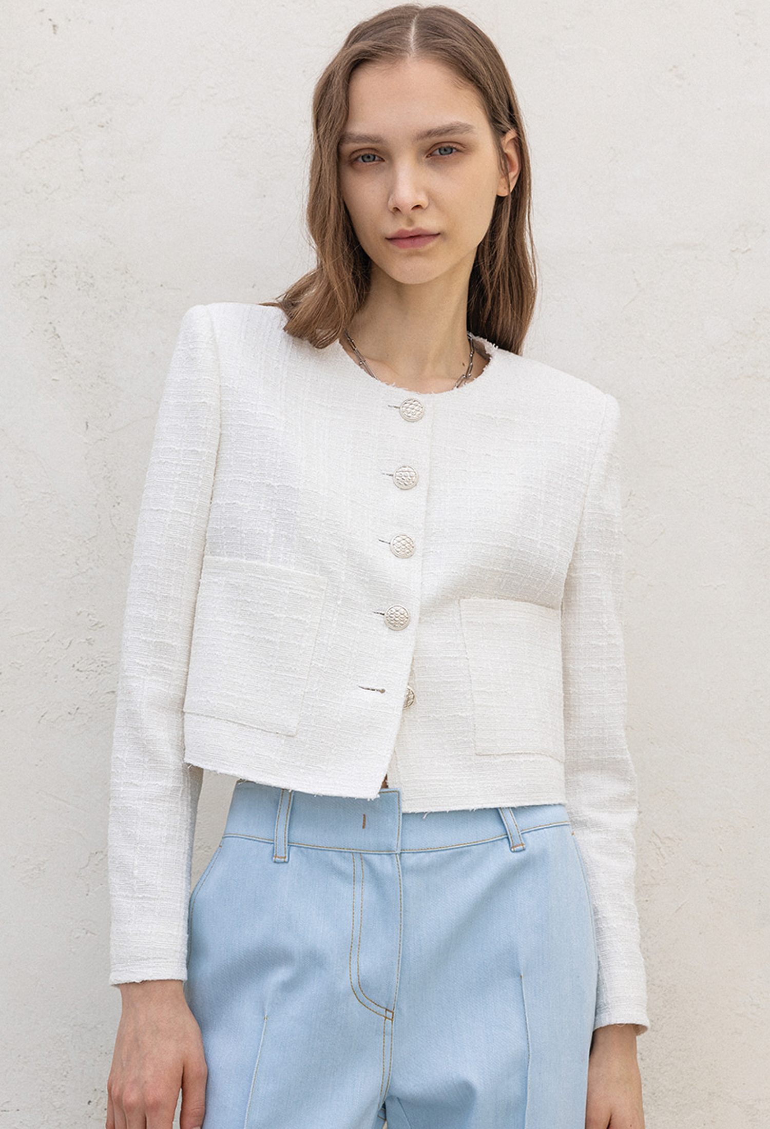 [드팜므] TWEED PEARL CROP JACKET_ WHITE