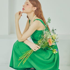 [오브린느] 린넨 스퀘어넥 플레어 A라인 밴딩 롱 원피스