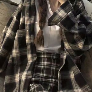 비보뉴 레트로 체크 오버핏 긴팔 셔츠 아우터 - 여름/봄가을 시즌 캐주얼 레이지 스타일